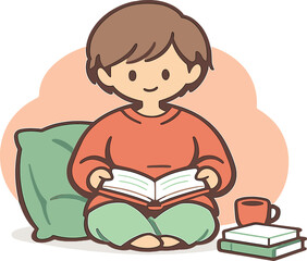 Warm child leans against a cushion holding a book open gently as soft light falls around a quiet reading spot. | child reading,