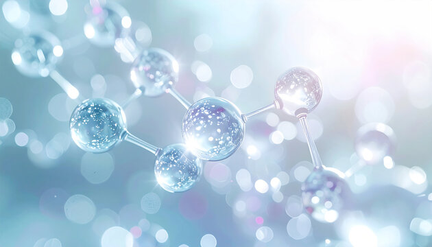 ヒアルロン酸の分子イメージ うるおい保湿スキンケア 透明感のある水色発光 美容成分 先端科学 3Dレンダリング / Hyaluronic acid molecule hydration moisturizing skincare blue glowing transparent beauty ingredient advanced science 3D render