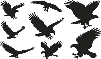 Obraz premium Eagle, silhouette, set, isolated, on, white, background, flying, predator, bird, wildlife, vector, icons, collection, design.Eagle, silhouette, set, isolated, on,