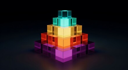 Obraz premium A pyramid composed of vibrant, translucent, stacked blocks on a dark background