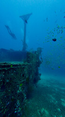 Scuba divers explore a sunken shipwreck teeming with fish. The underwater wreck rests on the seabed, covered in marine growth and surrounded by a vibrant school of tropical fish.