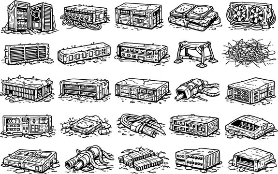 Line vector icons of 21st-century datacenter remains: corroded rack towers, dust-layered fiber trays, broken controller bays,