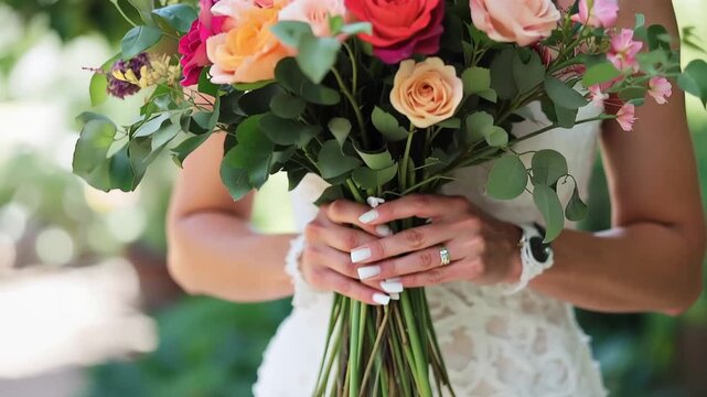 Bouquet's Embrace: An anonymous woman cradles a vibrant bouquet of multicolored roses and complementary blossoms, the delicate blooms against her elegant attire, creating a perfect visual harmony.