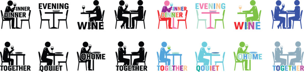 Couple having wine in minimalist style with vibrant colors in flat design for social media