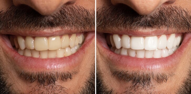Close-up of a man's teeth before and after whitening, a set of two images. 