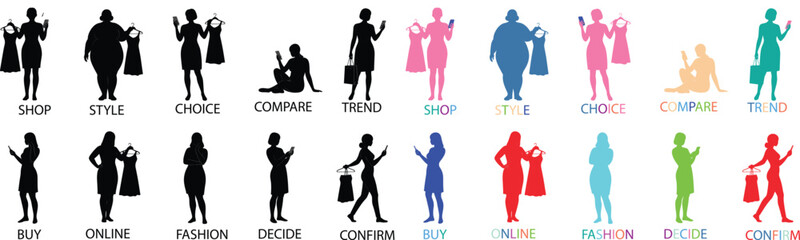 Obraz premium Diverse People Shopping Silhouettes in Various Colors and Poses on White Background for Marketing