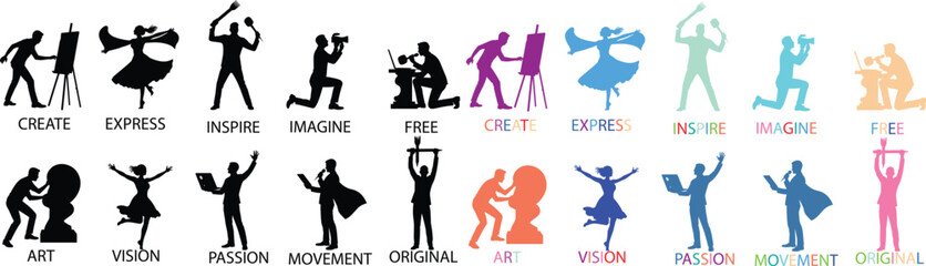 Diverse People Silhouettes in Various Dynamic Poses with Vibrant Colors and Modern Illustrative Style for Web Design