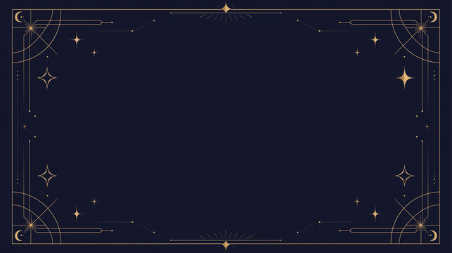 星と月が描かれた金色の神秘的な天体フレーム 紺色背景