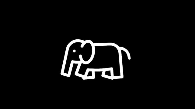 Simple white line drawing of an elephant walking on a black background