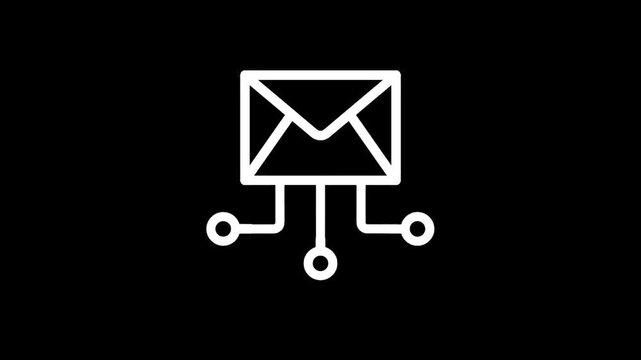 Digital mail connection icon with lines connecting to nodes on black background