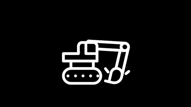 Simple white line art excavator icon on a black background, representing construction and heavy machinery