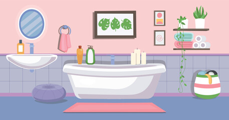 Modern bathroom in pastel colors. Bathtub, sink.Bathroom with a bathtub, sink, and cabinet. Vector illustration