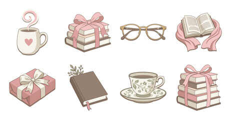 Cozy Aesthetic Reading and Tea Sticker Set Vector