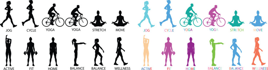 Colorful Silhouettes of People Exercising in Modern Minimalist Style with Bright Vibrant Colors on White Background for Fitness Branding