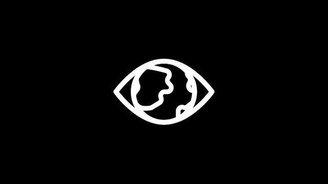 Minimalist white eye icon with planet Earth inside on a black background
