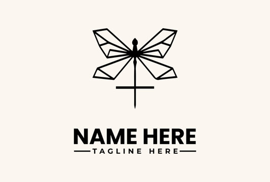 A minimalist logo featuring a geometric dragonfly design with a cross-like element and placeholder text on a light beige background.