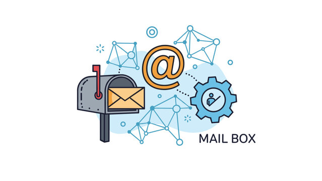 Mailbox communication and networking concept showing a letter in a box next to an at symbol and connected nodes.
