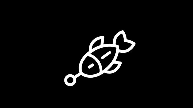 Stylized white icon of a fishing lure shaped like a fish on a black background