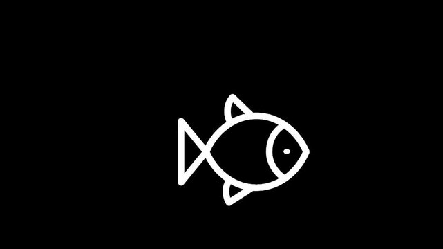 Simple white line art fish with bubbles on a black background
