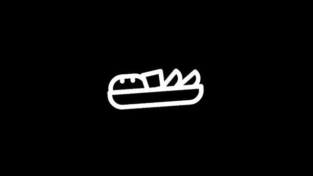 Simple white line art icon of a meal with bread and potato wedges on a black background