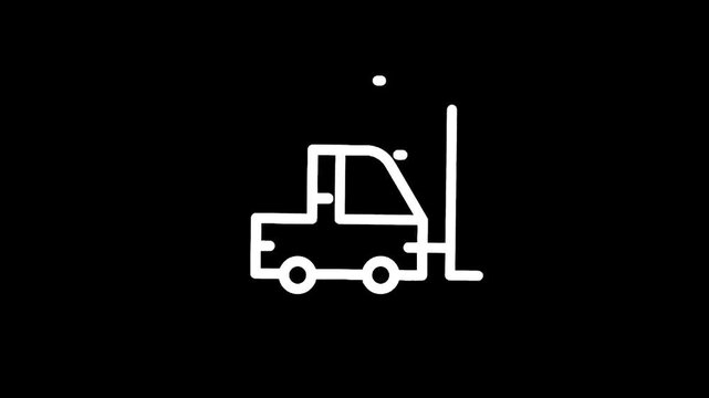 Simple white line art icon of a forklift truck on a black background