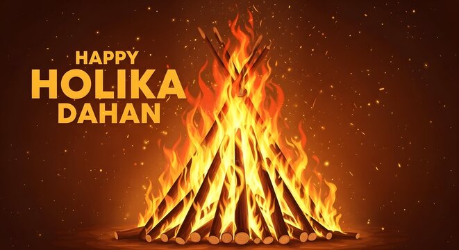 Holika Dahan celebration with burning bonfire and festive text flames