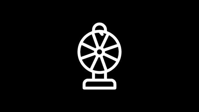Simple white line icon of a prize wheel on a black background