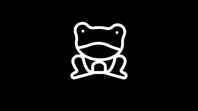 Simple white line art frog icon on a black background, minimalist design