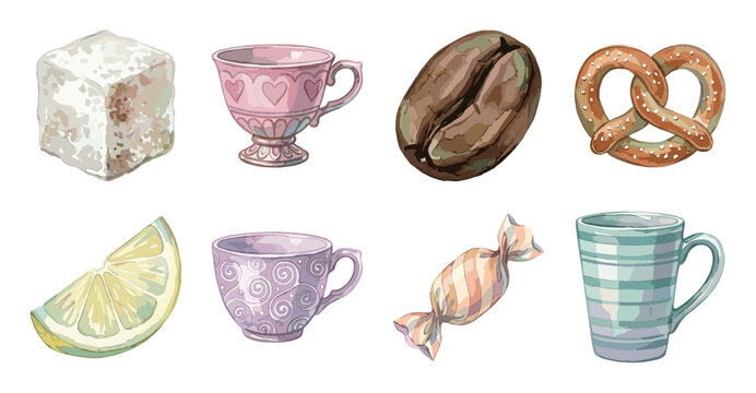 Vintage Watercolor Coffee and Tea Illustration Set