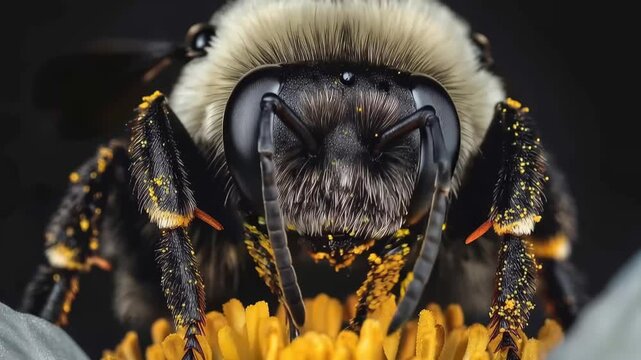 Intimate Bee Portrait: A close-up view reveals a bee covered in pollen, showcasing its intricate details, and emphasizing the beauty and importance of these essential pollinators.