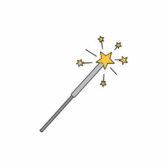 Hand Drawn Magical Wand with Golden Star and Sparkles on White Background Simple Sketch Style