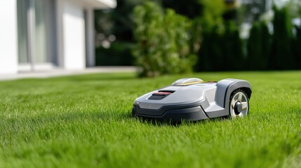 Robotic lawn mower cutting grass in lush green garden  