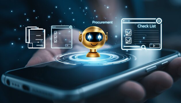 Digital procurement interface invoice, document, checklist and workflow icon, AI robot assistant hovering mobile device, representing automation, sourcing and smart business process.