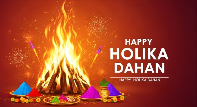 Holika dahan celebration with fire and colorful powders