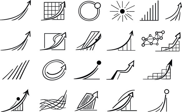Exponential Tech Icons. Line style icons of technology reaching runaway growth: steep spike arc, runaway trend tile, inflection