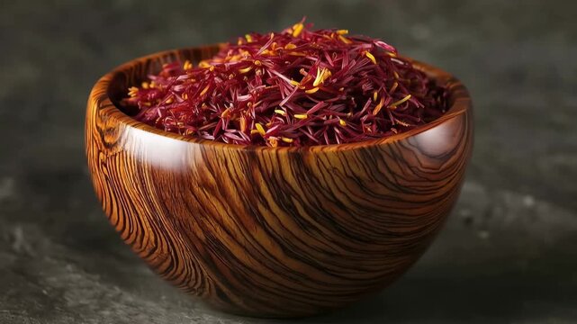 Exotic Saffron: A captivating close-up of vibrant saffron threads artfully arranged within a meticulously crafted wooden bowl. 