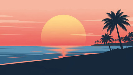 Fototapeta premium Retro beach sunset illustration in a minimalist surf style. Tropical landscape with ocean and palm tree silhouettes. Vector graphic background.