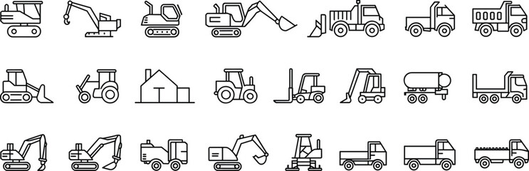 Vector illustration of construction vehicle silhouette collection—symbols for excavator, bulldozer, dump truck, cement mixer, forklift, tractor, industry, logistics, and artistic representation © Hasinur