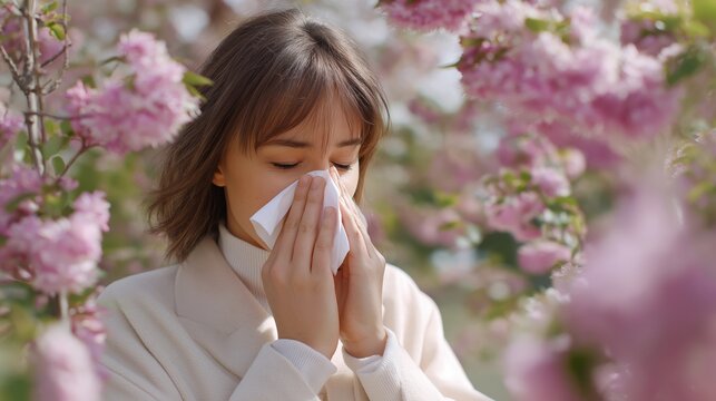 Young woman sneezing and blowing nose in cherry blossom park  