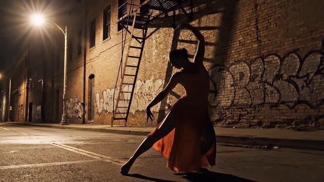 Night street dance silhouette in alley video.