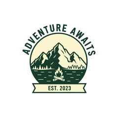 Adventure awaits logo featuring mountains, campfire, and water, established in 2023.