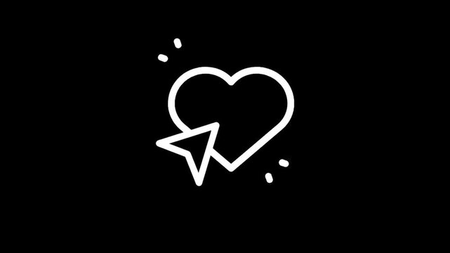 Simple line art icon of a heart with a cursor pointing to it on a black background