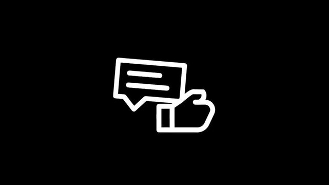 Hand holding a speech bubble icon with lines inside, representing communication and feedback