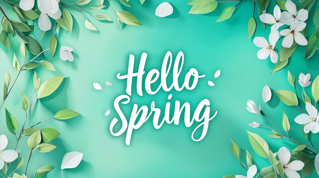 Hello Spring lettering with white petals and green leaves on turquoise background. Fresh floral composition for seasonal greeting cards and web banners.