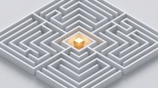 A clean, isometric 3D render of a detailed white labyrinth. In the center of the labyrinth, a single, small, glowing gold cube is placed