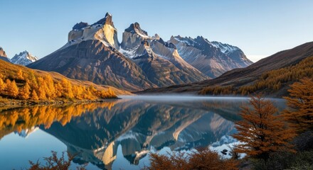 Fototapeta premium Serene mountain lake with snow-capped peaks and golden trees reflecting in calm water