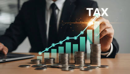 Businessman pointing at rising tax graph with stacks of coins and growth arrow