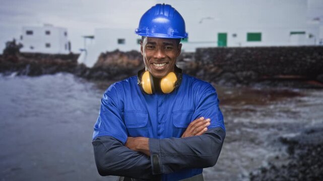 Man in blue hardhat with yellow noise cancel headphones, arms crossed in front of white building and rocky shore, construction worker portrait; confidence.