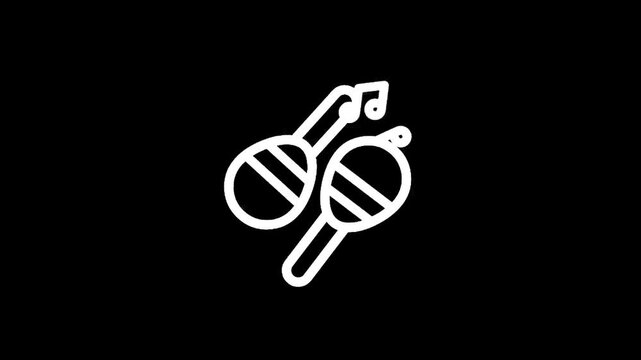 Simple white line icon of two maracas with a musical note on a black background