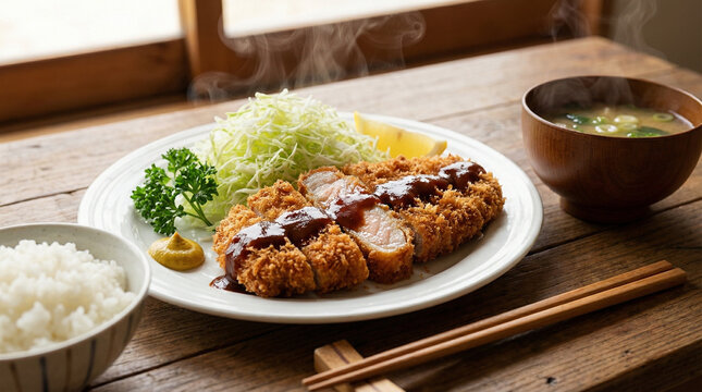 湯気が立ち上るサクサクの厚切りとんかつ定食